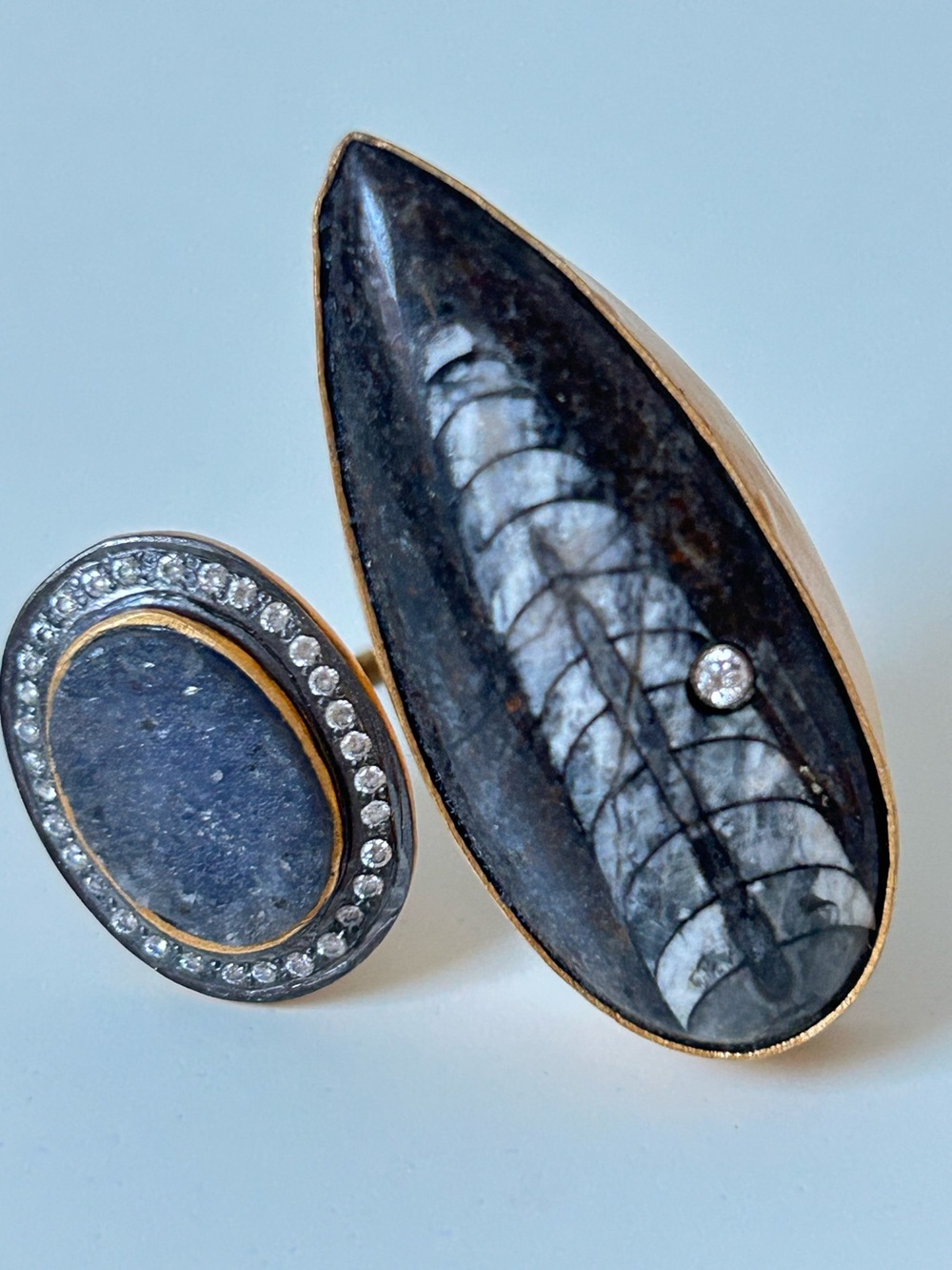 Handcrafted Black and Gray Fossil Adjustable Statement Ring - Designer